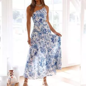 2023 Летняя женская одежда, модное длинное пляжное платье без рукавов с диагональным воротником, повседневное облегающее платье с цветочным принтом на шнуровке 25476 S оранжевый