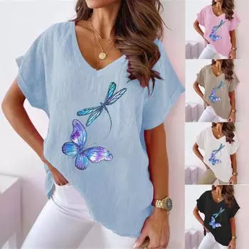 2023 Летняя женская повседневная футболка с v-образным вырезом и принтом «летучая мышь» и короткими рукавами S синий