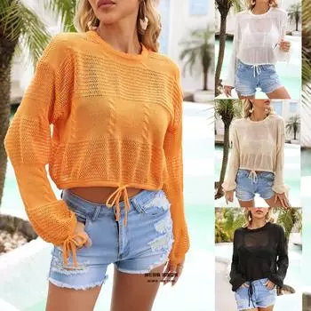 2023 летняя женская вязаная пляжная рубашка с защитой от солнца, короткий халат большого размера с завязками S чёрный