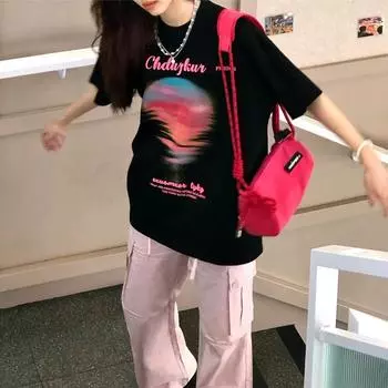 2023 лето новый чистый хлопок tide бренд американская ниша закат печать y2k свободная футболка женская милые и крутые малышки короткие рукава XS