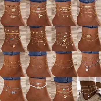 2023 Лето Ножной Браслет Бабочка Мода Золото 5 Шт. Орнамент Роскошные Женщины Сексуальный Пляж Змея Кулон Кристалл Алмазный Ножный Браслет Аксессуар Подарочный Набор Ножных Браслетов 1 золотой