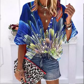 2023 Лето-Осень Новые модные женские топы с синими лепестками и принтом с половиной рукавом, повседневная рубашка больших размеров на пуговицах с объемными рукавами XS синий