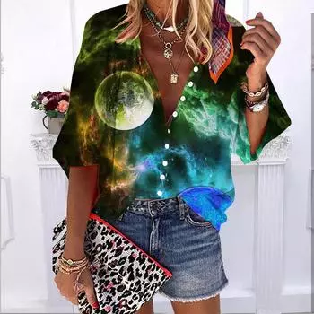 2023 Лето-Осень Новые модные женские топы с принтом «Кристальная земля» и половиной рукава, повседневная рубашка больших размеров на пуговицах с объемными рукавами 7XL синий