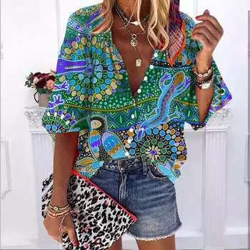 2023 Лето-Осень Новые модные женские топы Розовые гекконы с принтом до половины рукава Повседневная рубашка больших размеров на пуговицах с объемными рукавами 7XL синий