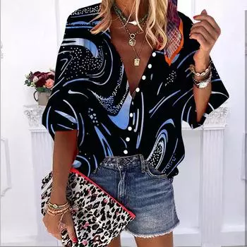 2023 Лето-Осень Новые модные женские топы Желтые звездные волны с принтом до половины рукава Повседневная рубашка на пуговицах больших размеров с объемными рукавами 7XL синий