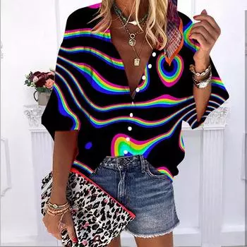 2023 Лето-Осень Новые модные женские топы Blue River с принтом до половины рукава Повседневная рубашка больших размеров на пуговицах с объемными рукавами XS синий