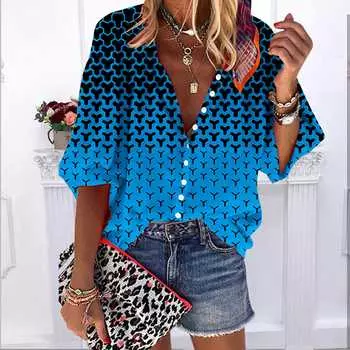 2023 лето осень новые модные женские топы синие Y с принтом до половины рукава повседневная рубашка больших размеров на пуговицах с объемными рукавами XS синий