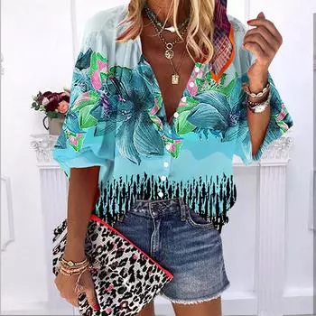 2023 лето осень новые модные женские топы красивый белый цветок лотоса. Повседневная рубашка больших размеров на пуговицах с короткими рукавами и принтом, с объемными рукавами XS циан