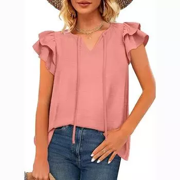 2023 Лето V-образный вырез на шнуровке с рукавами-бабочками шифоновая блузка модная женская элегантная стильная рубашка милые однотонные топы Blusas 26483 S орион