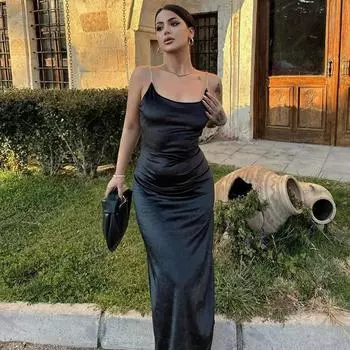 2023 Лето Женщин Элегантный Сексуальный Спагетти Бретельки Skims Длинное Платье Y2k Без Рукавов Твердые Узкие Разрезы Платье Bodycon Вечерние Платья L чёрный
