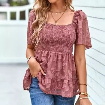 2023 Мода Квадратный вырез Элегантная летняя блузка Женские топы с коротким рукавом Mujer Плиссированные кружевные рубашки с рюшами Ladies Blusas 26515 XS зелёный