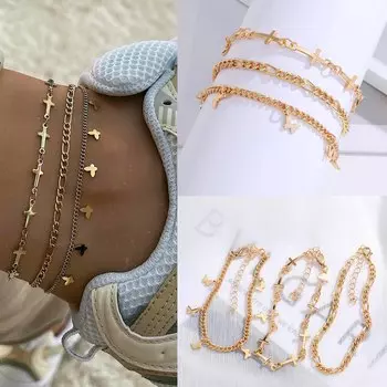 2023 Мода Трехсекционный Костюм Браслет Ножный Браслет Девушка Милый Браслет Бабочка Крест Веры Очарование Праздничный Подарок Браслет Партия Партия Вечеринка Дикие Аксессуары золотой