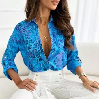 2023 мода весна осень длинный рукав принт рубашка женские блузки отложной воротник офисная женская свободная одежда Blusas 26345 S зелёный