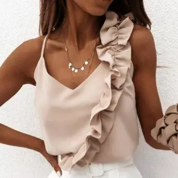 2023 модная элегантная стильная однотонная шелковая майка с оборками, летняя женская атласная майка без рукавов, сексуальная рубашка с v-образным вырезом и открытой спиной 26289 S абрикосовый