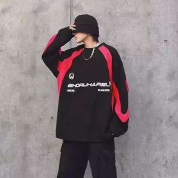 2023 Модная американская ретро-гоночная толстовка: Мужская куртка без капюшона с круглым воротником и длинными рукавами на весну и осень 3XL красный/чёрный