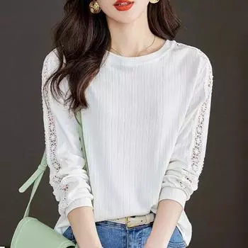 2023 модная белая кружевная простая рубашка, женская осенняя элегантная рубашка с круглым вырезом и длинными рукавами, полые офисные женские блузки, одежда Blusas 29320 S белый