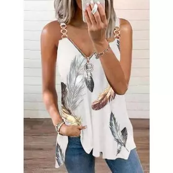 2023 Модная блузка без рукавов с принтом листьев для женщин, свободные рубашки с V-образным вырезом и молнией, элегантные повседневные стильные топы, летние блузы 26506 S синий
