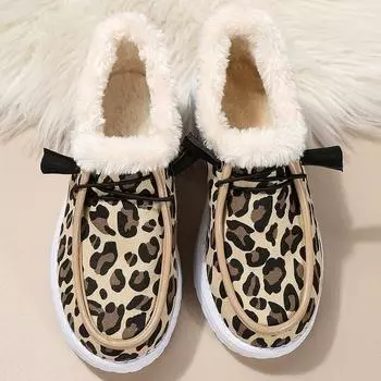 2024 Модные хлопковые ботинки Зимние женские ботинки с леопардовым узором на плоской подошве Большие размеры Теплые женские хлопковые ботинки 36 белый