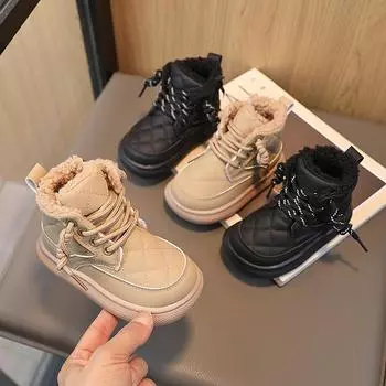2023 модная клетчатая осенняя обувь для маленьких девочек, ботильоны для мальчиков, детские зимние сапоги на гибкой толстой подошве, новые детские зимние сапоги 21 чёрный
