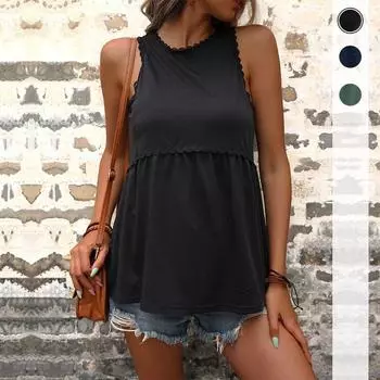 2023 Модная летняя женская блузка без рукавов с оборками, повседневная свободная рубашка, однотонные сексуальные топы, элегантный стильный жилет, блузки 26316 S зелёный