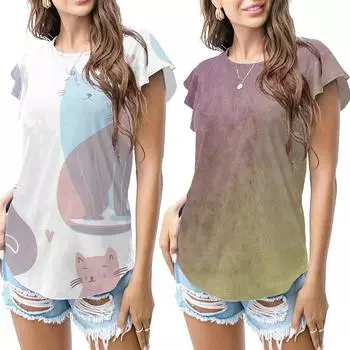 2023 модная новая женская футболка с круглым вырезом и принтом, с рюшами и короткими рукавами S