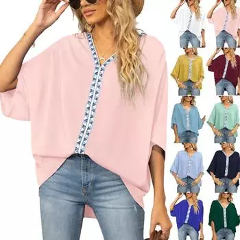 2023 Модная новая женская рубашка свободного кроя с рукавами «летучая мышь» и v-образным вырезом, топ-тренд S жёлтый