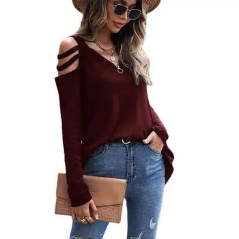 2023 модная осенняя новая женская футболка с открытыми плечами и молнией с длинным рукавом, вафельная футболка, топ S белый