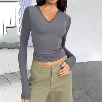 2023 модная тонкая простая футболка с длинными рукавами, повседневная осень-зима, базовые футболки с v-образным вырезом, женские сексуальные короткие футболки 30427 S орион