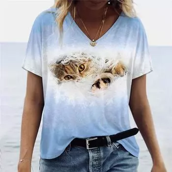 2023 модная женская футболка с 3D животным принтом, топ с v-образным вырезом, женская свободная толстовка, повседневная городская одежда S