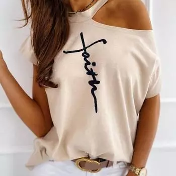 2023 модная женская модная футболка с принтом, майка, футболка с открытыми плечами, летний женский топ с короткими рукавами больших размеров M чёрный