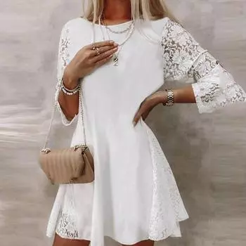 2023 Модное кружевное платье Элегантное тонкое платье с рюшами на шнуровке Повседневное цветочное летнее лоскутное белое платье с рукавами три четверти 26621 S белый