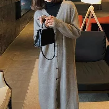 2023 модное новое трикотажное платье, осенне-зимнее, с v-образным вырезом, темпераментный длинный свитер до колена, нижняя юбка, повседневная куртка-кардиган One Size серый