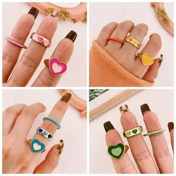 2023 модное подходящее кольцо с розовым сердечком, женская мода, металлическая розовая цепочка, комплект колец с сердечком любви синий