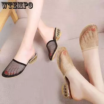 2023 Модные элегантные полые дышащие тапочки с принтом головы, женские летние простые однотонные кружевные сетчатые босоножки на толстом каблуке 35 чёрный