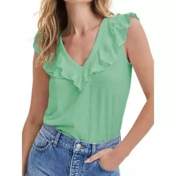 2023 модные повседневные жилеты, рубашки, летние женские блузки без рукавов с v-образным вырезом и рюшами, свободные однотонные топы, элегантные Blusas De Mujer 24981 S зелёный