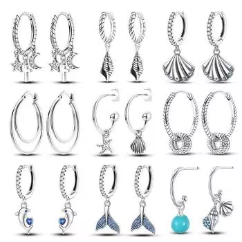 2023 модные серьги-кольца из серебра 925 пробы со светящимися ракушками для женщин, серьги-кольца в форме сердца с цирконием, звезды, луны, обручальные свадебные украшения белый