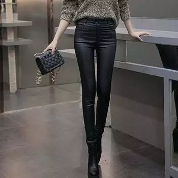 2023 модные тонкие кожаные брюки для женщин Y2k офисные женские сексуальные брюки из искусственной кожи женские повседневные женские брюки Pantaloni Donna 23729 S чёрный