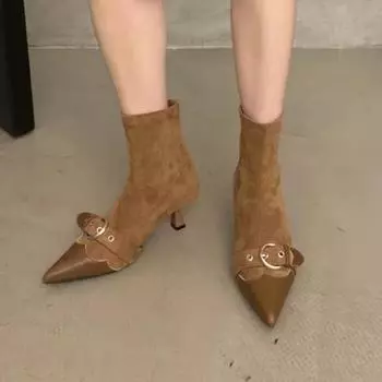 2023 Модные женские туфли, женские сапоги, осенние, с острым носком, однотонные, короткие, на шпильках или на тонком каблуке, рыцарские сапоги 35 абрикосовый