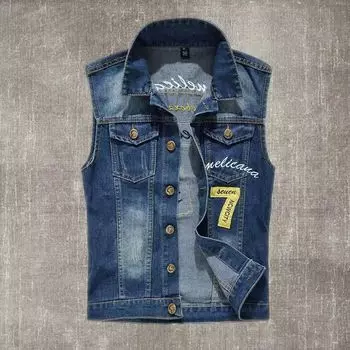 2023 Модный большой мужской джинсовый жилет с вышивкой в виде сердца, повседневная майка, пальто M синий