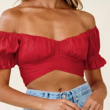 2023 Модный летний укороченный топ Y2k для женщин, футболка с коротким рукавом и оборками, сексуальная бандажная блузка с открытыми плечами, короткая футболка, тонкая рубашка 25941 S чёрный