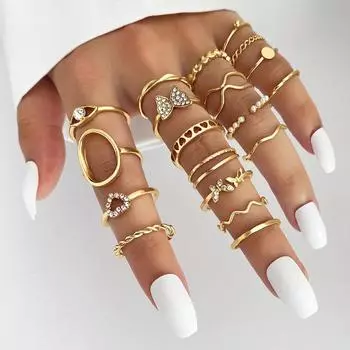 2023 Модный женский комплект колец с жемчугом, кольцо с волной, элегантное кольцо с бабочкой и сердцем любви с кольцом с бриллиантом, 19 шт., гламурные кольца с золотой гравировкой золотой