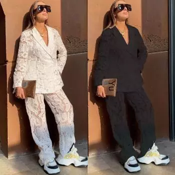 2023 Модный женский повседневный кружевной костюм в европейском и американском стиле Large чёрный