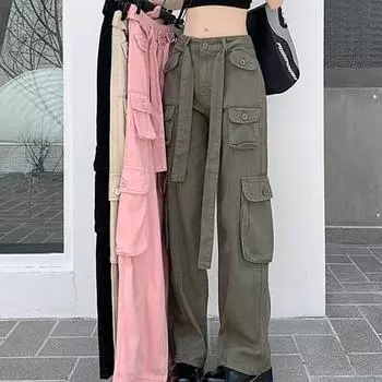 2023 Модный женский ретро-комбинезон с несколькими карманами и потертостями – стильный уличный стиль, свободные узкие прямые брюки Medium чёрный