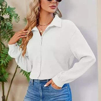 2023 морщинистая элегантная простая блузка женская винтажная рубашка на пуговицах с длинными рукавами офисные однотонные женские свободные повседневные топы 28496 S хаки
