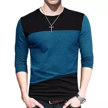 2023 Мужская футболка с длинным рукавом Amazon Мужская футболка с длинным рукавом с круглым вырезом и контрастной вставкой Slim Fit Источник внешней торговли Мужская одежда M синий