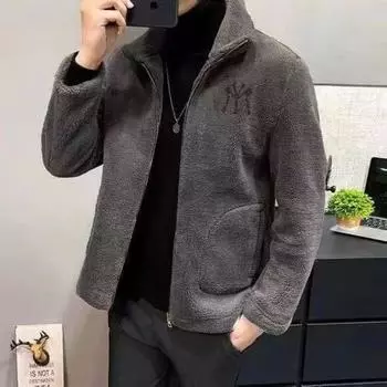 2023 Мужская куртка из искусственной овчины с воротником-стойкой, плюс бархат, утолщенное зимнее пальто 2XL чёрный