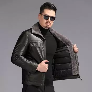 Куртка из натуральной кожи, мужская зимняя бархатная утепленная кожаная куртка для отца среднего и пожилого возраста, кожаная куртка с лацканами из овчины XXXXXL чёрный