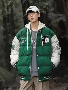 2023 Мужская куртка с капюшоном на хлопковой подкладке - зимняя молодежная модная повседневная куртка из двух частей с толстым пухом XXL зелёный
