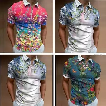 2023 Мужская летняя новая рубашка-поло, повседневная футболка с принтом на молнии, мужская футболка с коротким рукавом, модная футболка с 3D принтом