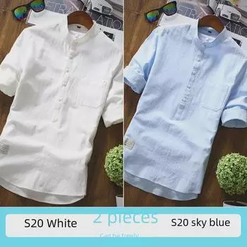 2023 Мужская модная белая льняная рубашка облегающего кроя с короткими рукавами L